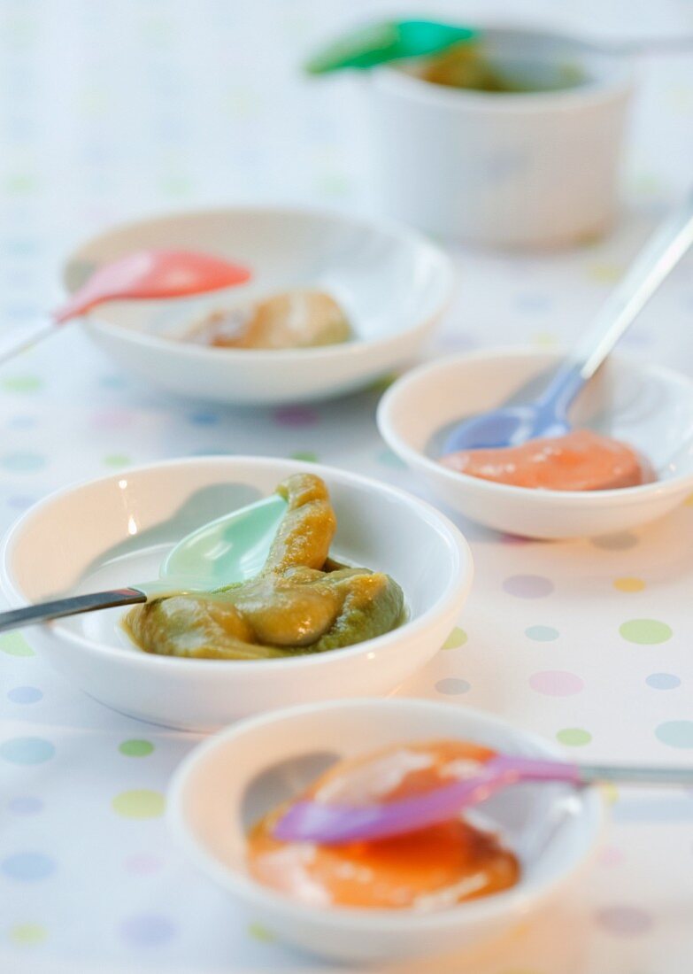 Bowls of assorted baby food
