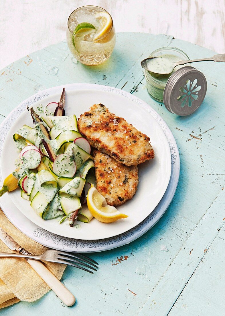 Schnitzel with courgette and radish salad