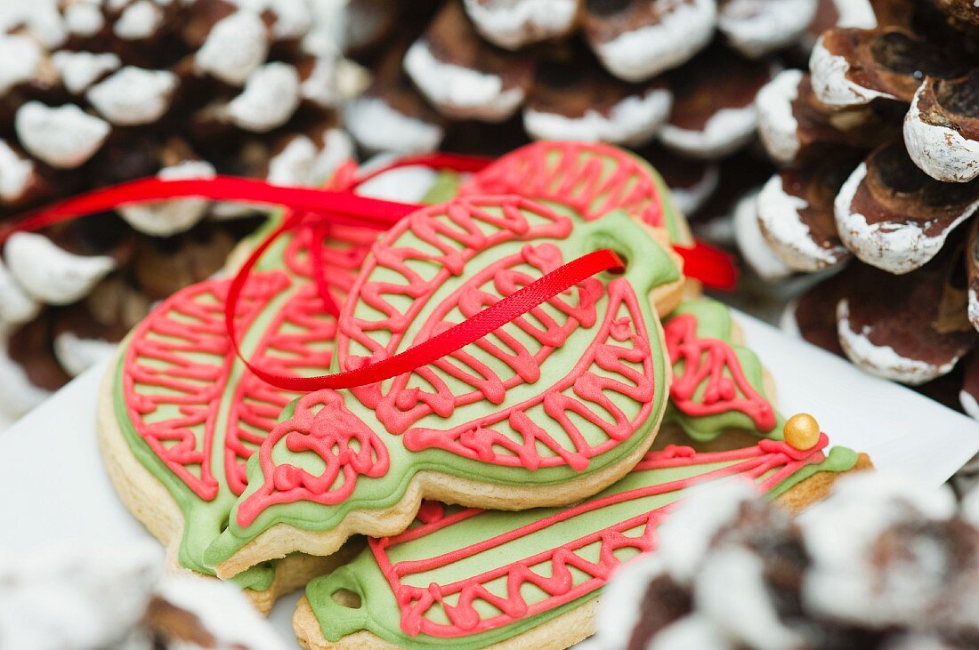 Christmas cookie ornament and pine cones