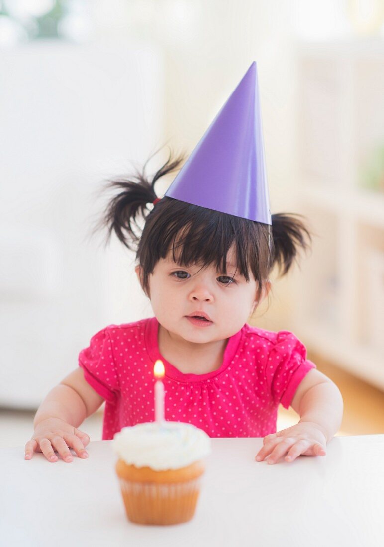 Portrait of baby girl (12-17 months) in party hat with cupcake