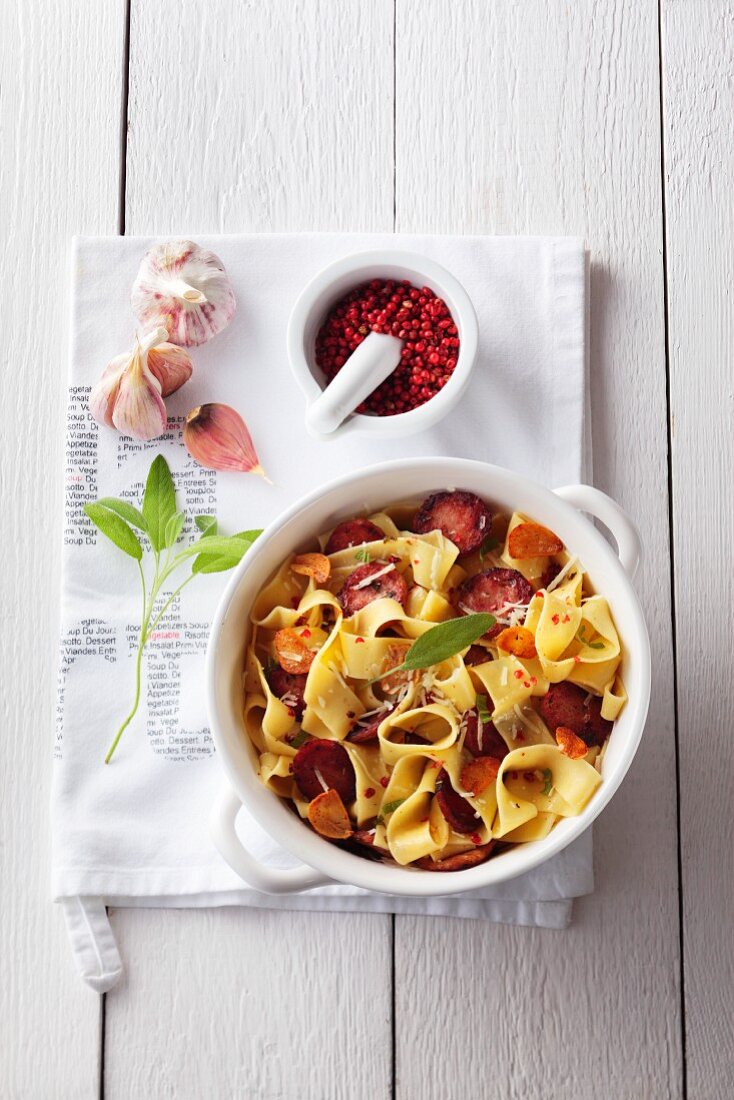 Pappardelle with salsiccia, garlic, red pepper and sage