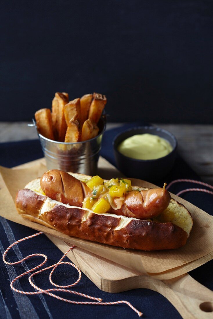 Currywurst sausage with mango chutney