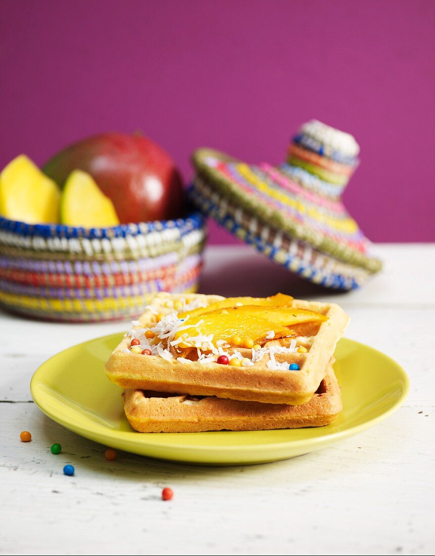 Waffles with coconut cream and mango