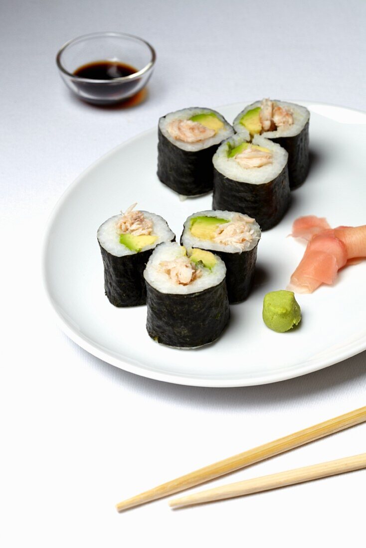 Maki sushi with avocado and crab