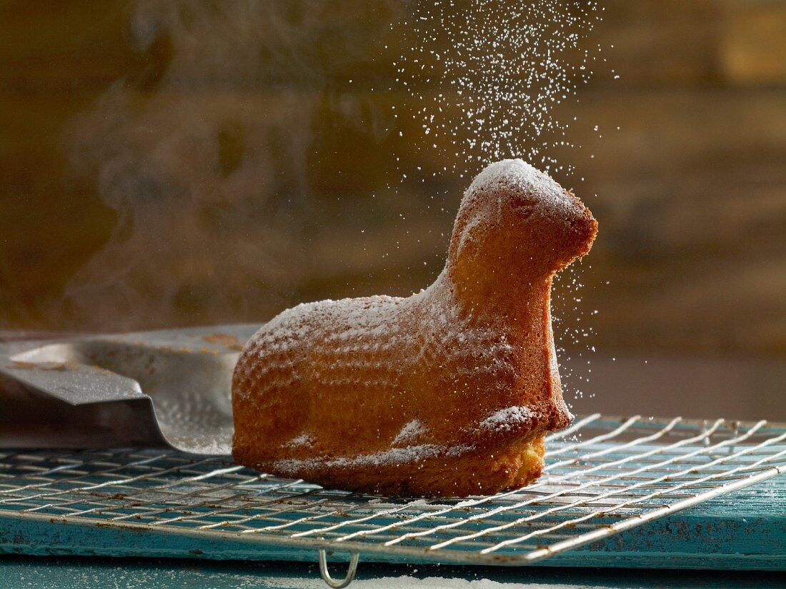 Easter lamb (cake) on cooling rack being sprinkled with powdered sugar