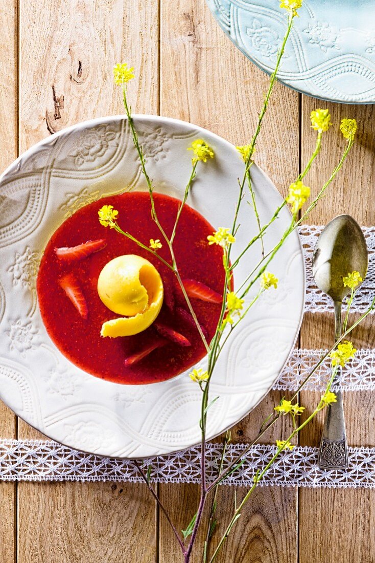 Strawberry soup with mango sorbet