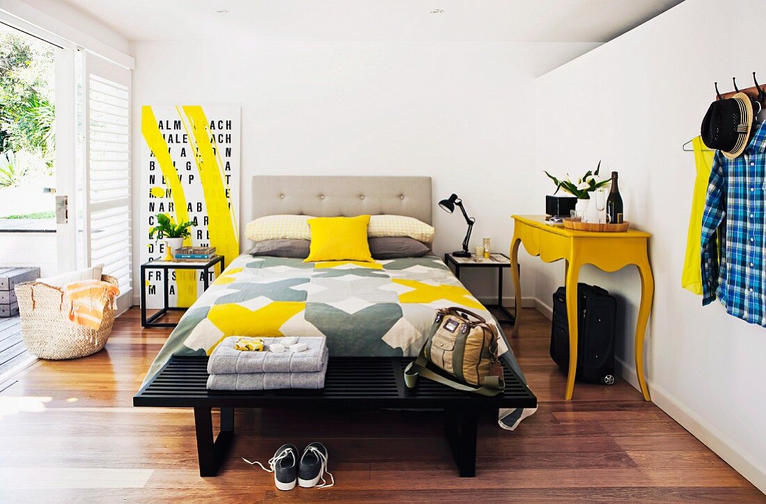 Sunny bedroom with bright yellow accents