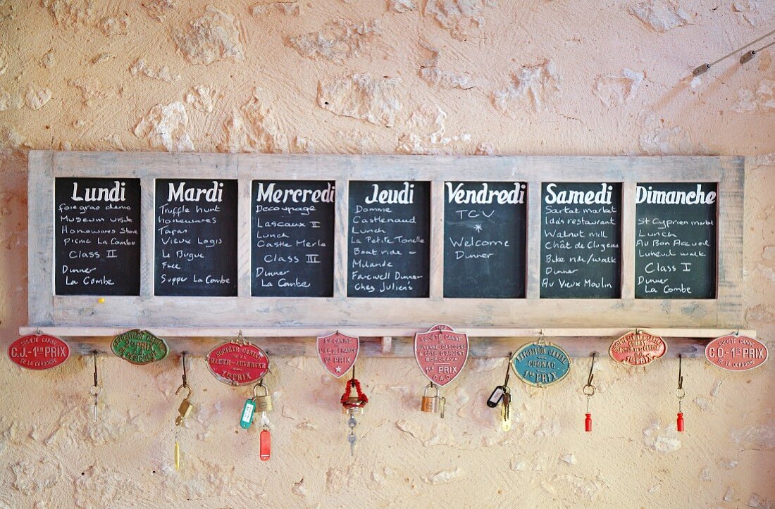 A blackboard divided into days of the week, with small metal signs attached to the chalk tray