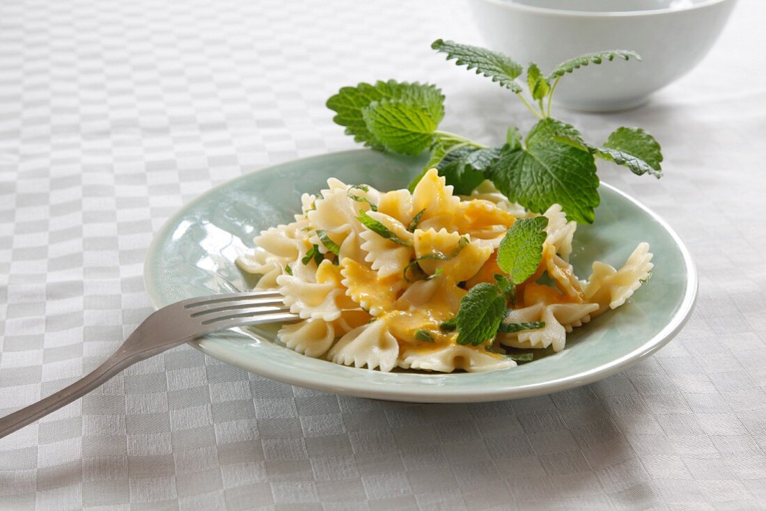 Farfalle with pumpkin sauce and lemon balm