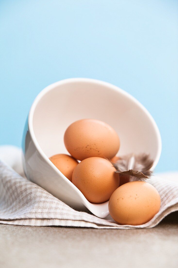 Brown chicken eggs in a bowl with a feather