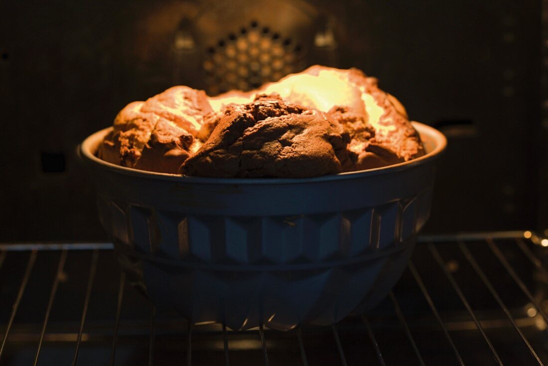 Close up of marble cake baking in oven