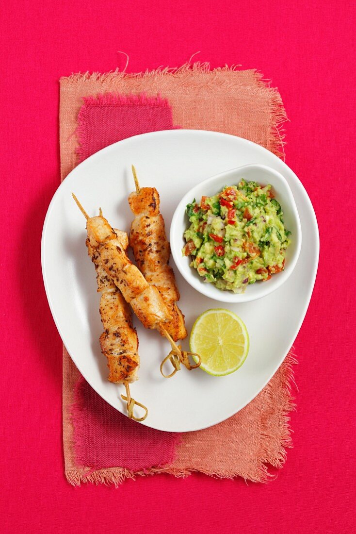 Chicken skewers with guacamole