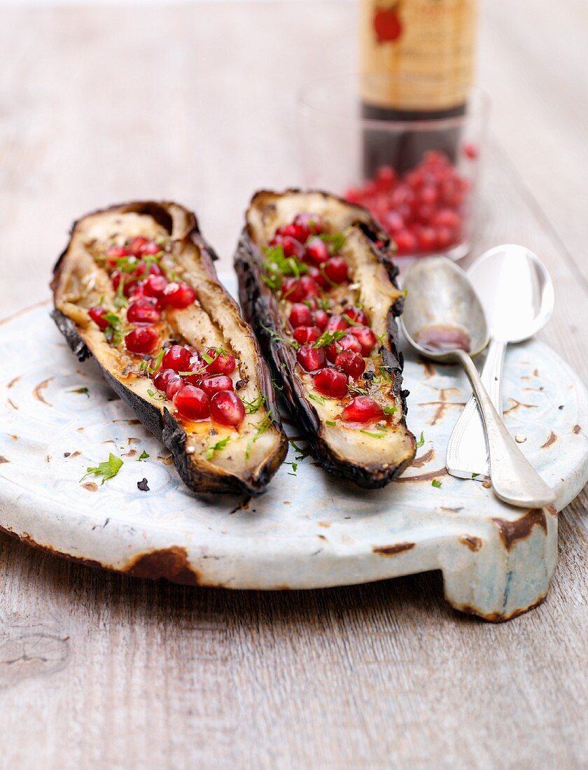 Grilled eggplant with pomegranate seeds