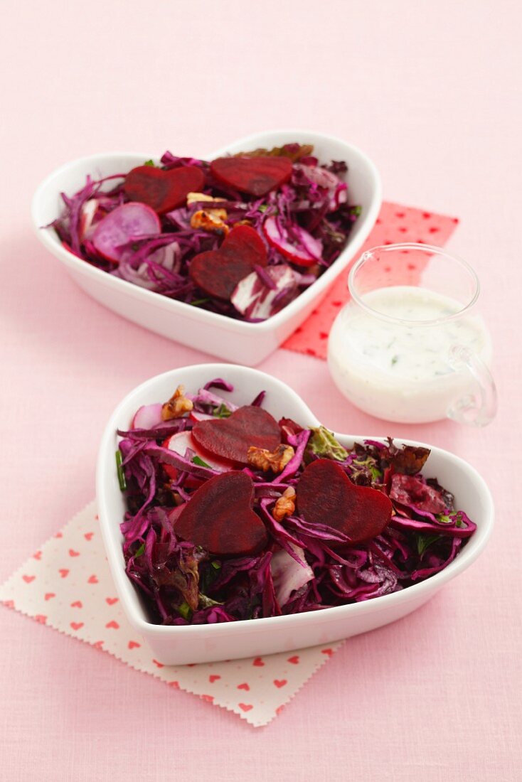 Beetroot salad with red cabbage, radishes and walnuts