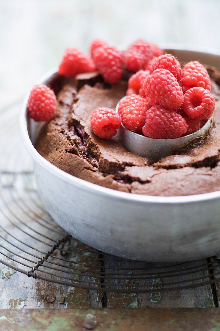 Chocolate-raspberry cake with fresh raspberries in a cake pan