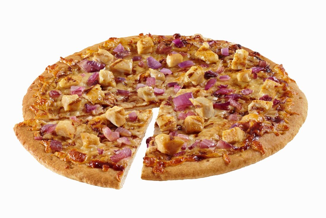 Grilled Chicken and Red Onion Pizza; Sliced Once on a White Background