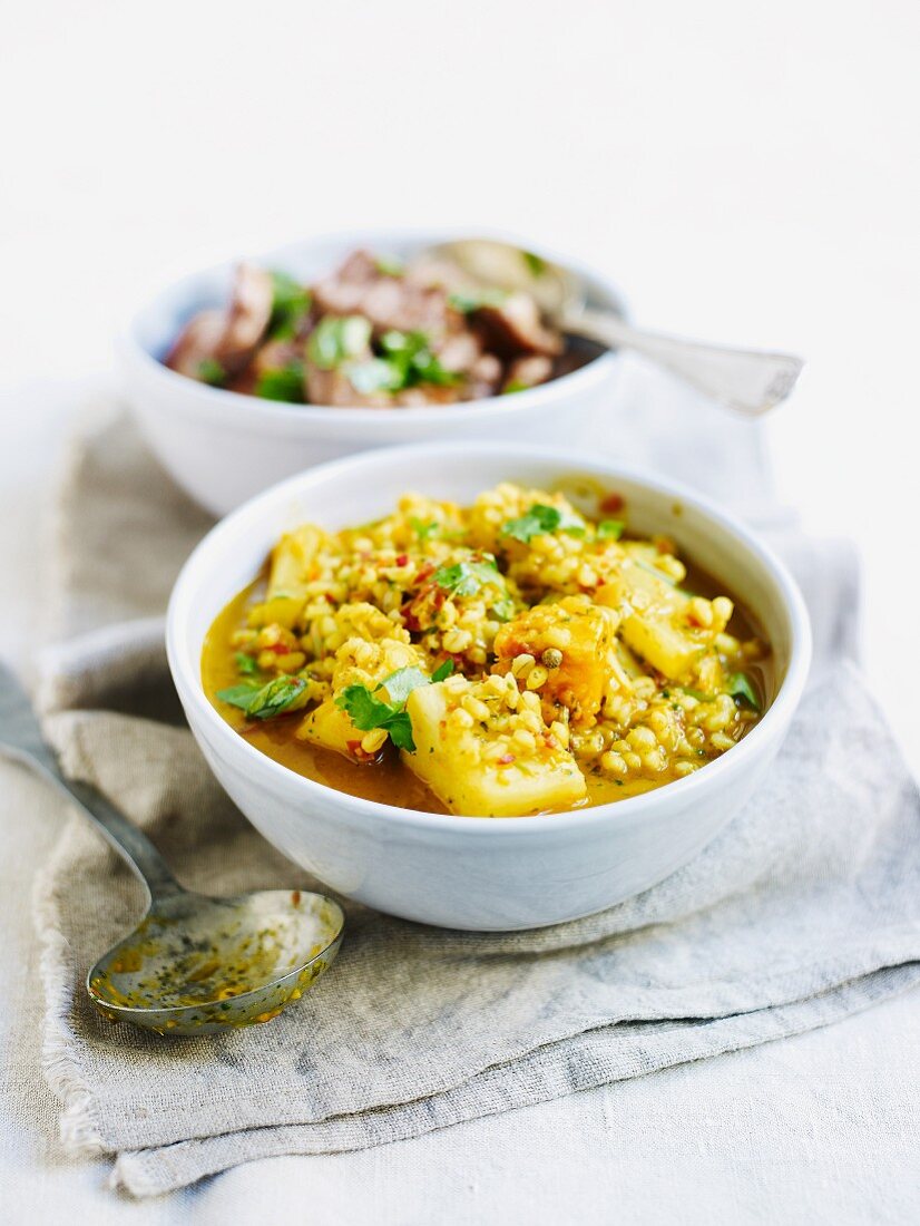 Root vegetable curry with barley and Thai basil