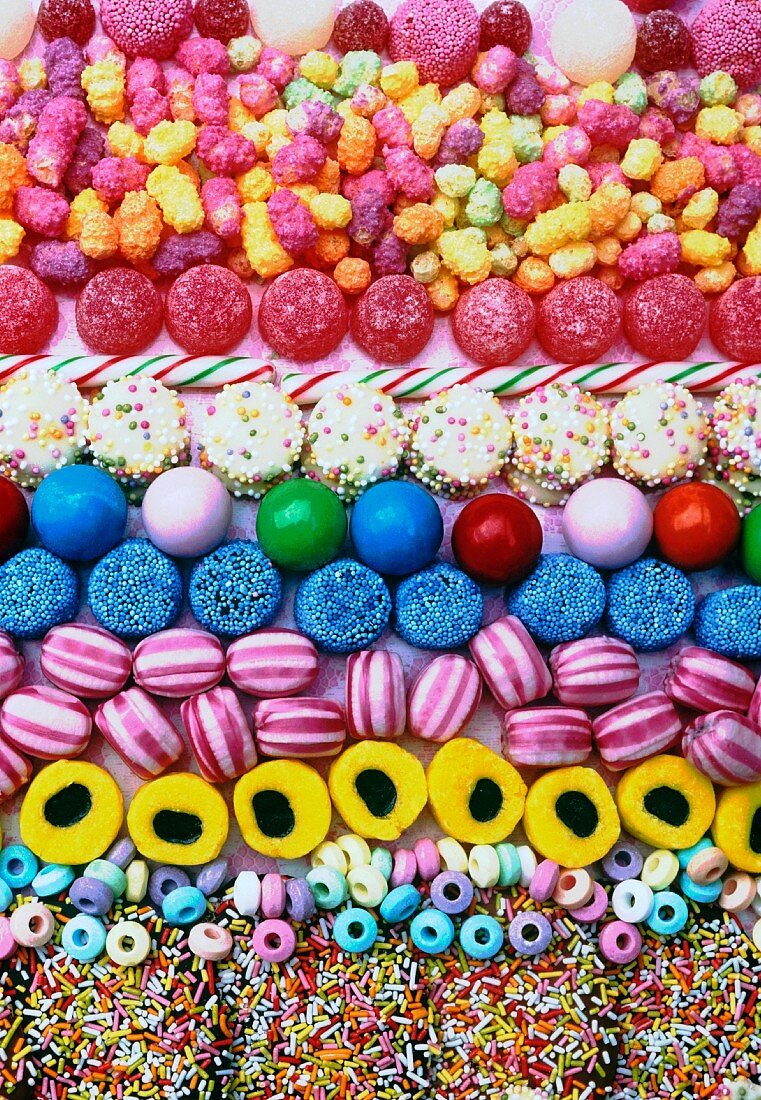 rows of coloured boiled sweets and candies