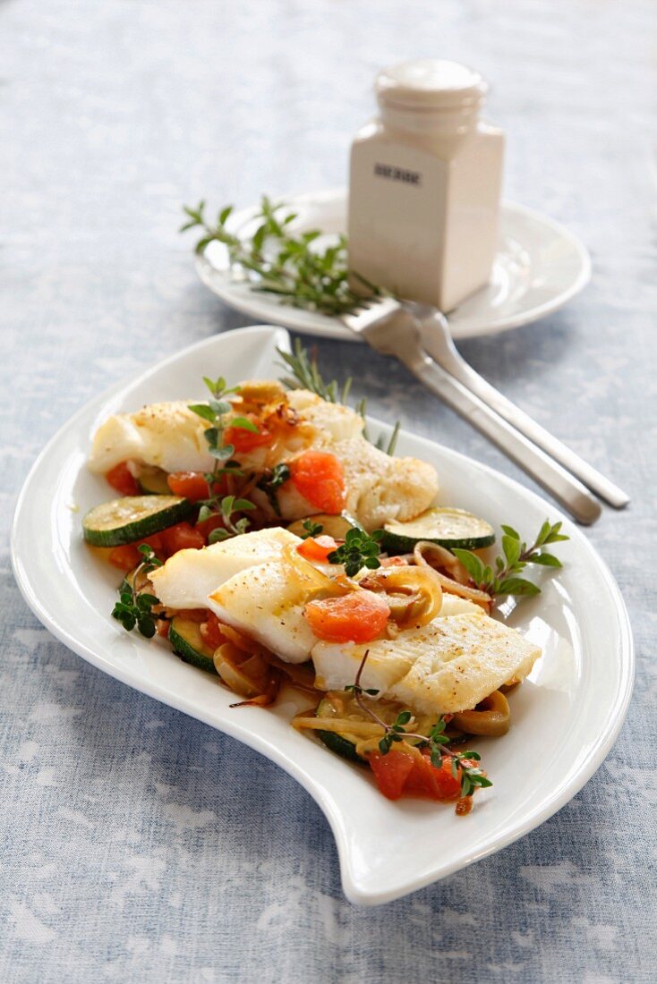 Halibut with tomatoes and courgettes