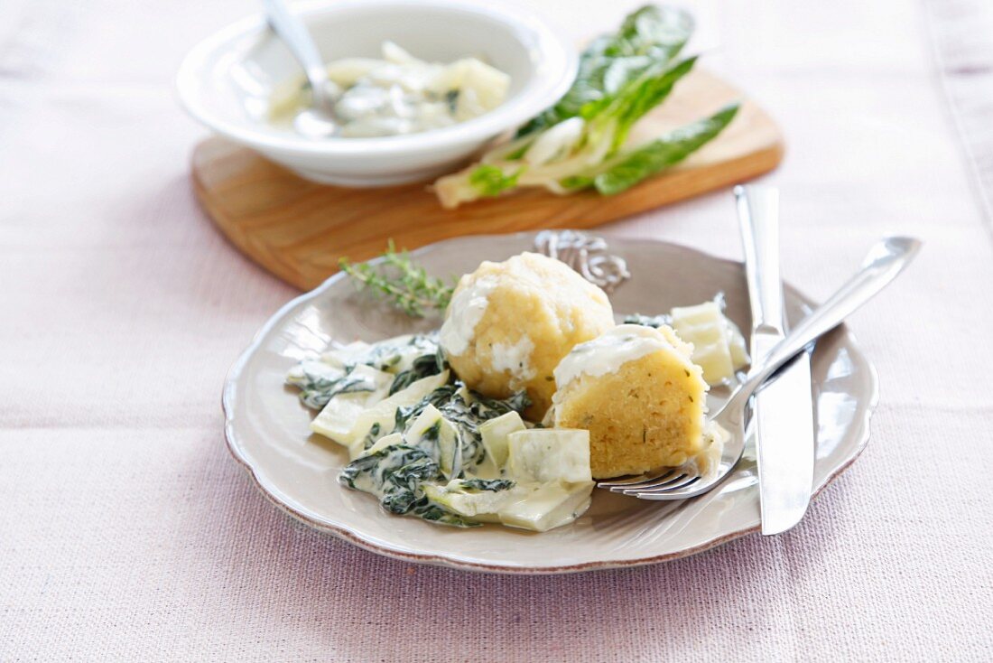 Potato and thyme dumplings with chard