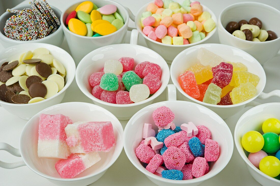 cups of mixed sweets, jellies; chocolates