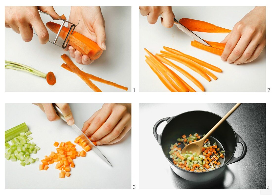 Carrots and celery being prepared and sautéed