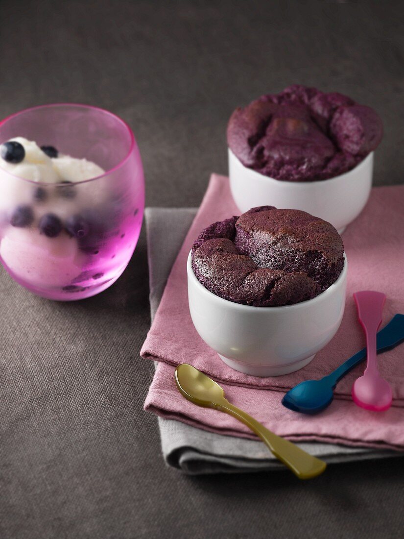 Blueberry and chocolate soufflés