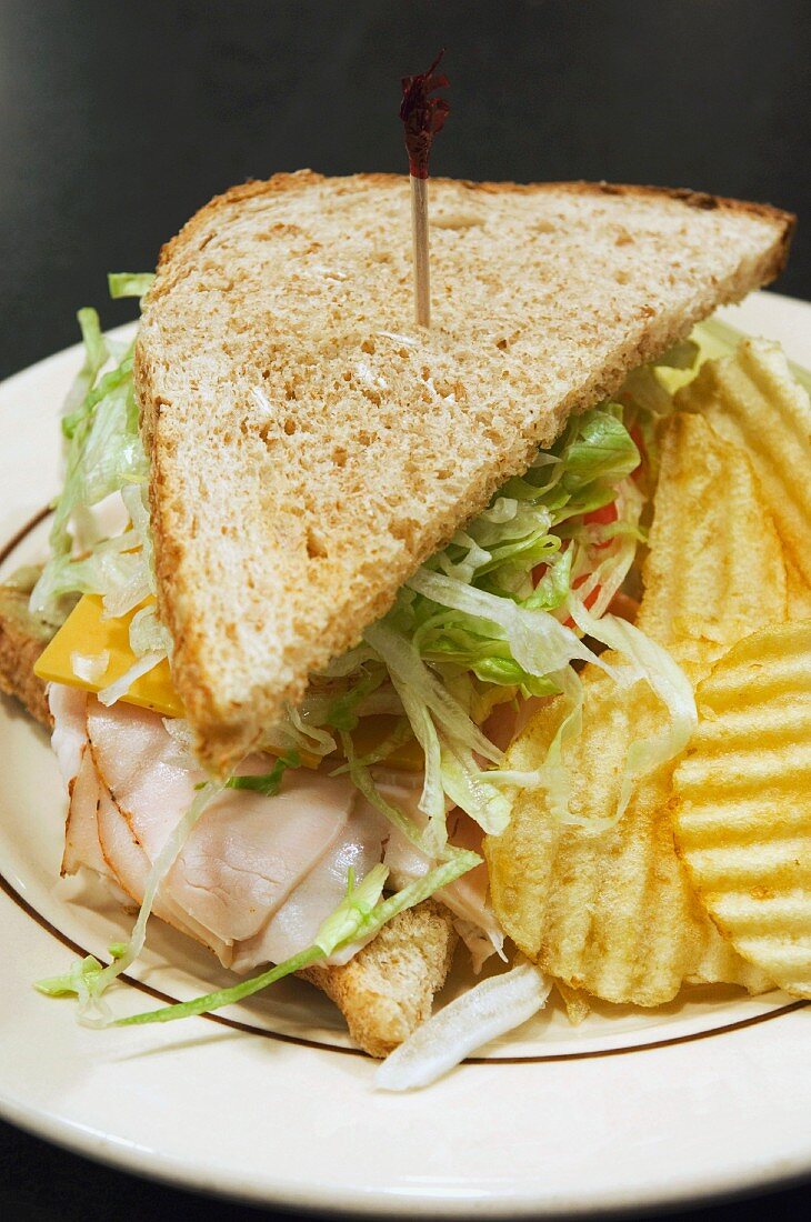 Turkey sandwich with cheese and salad and crisps