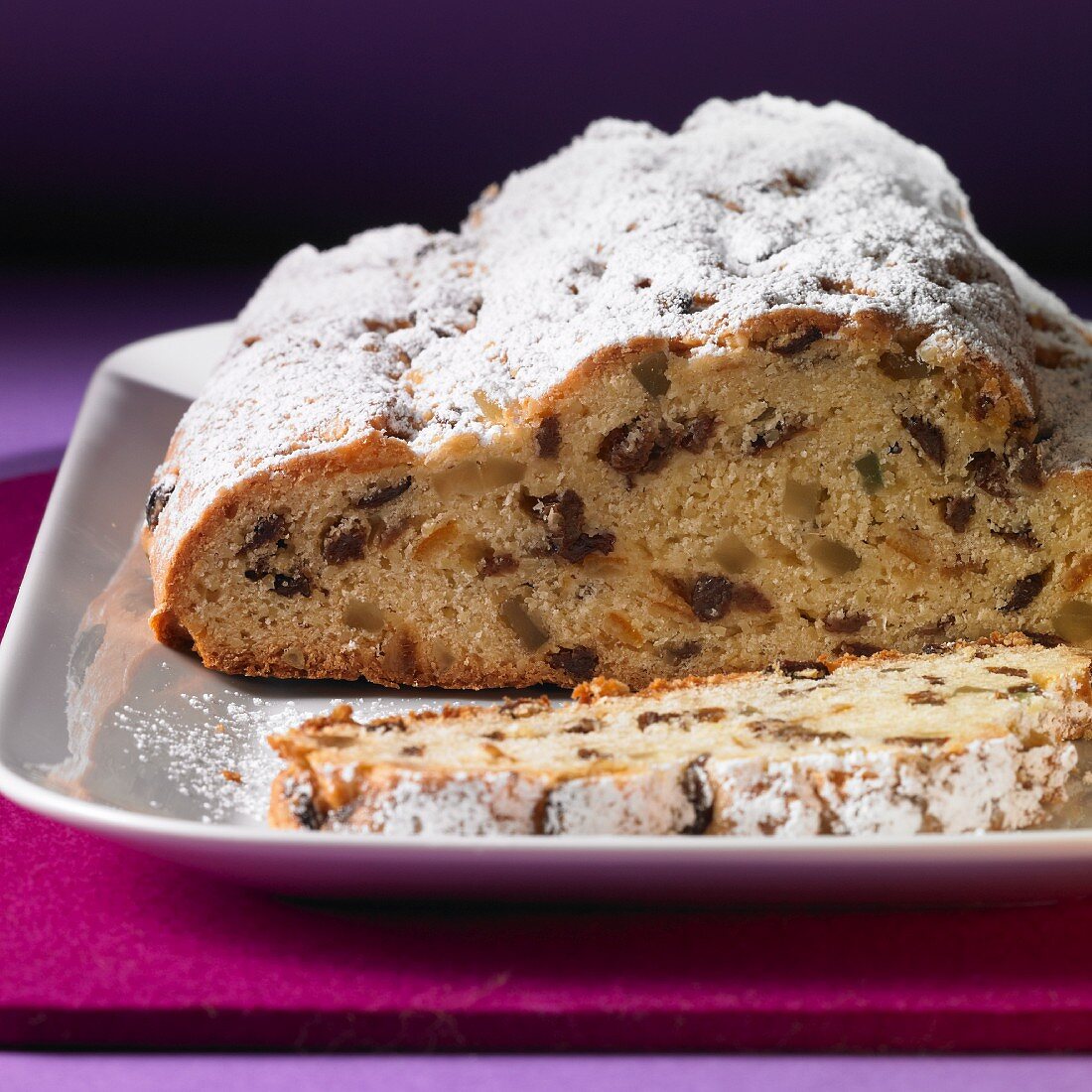 Classic butter stollen dusted with icing sugar