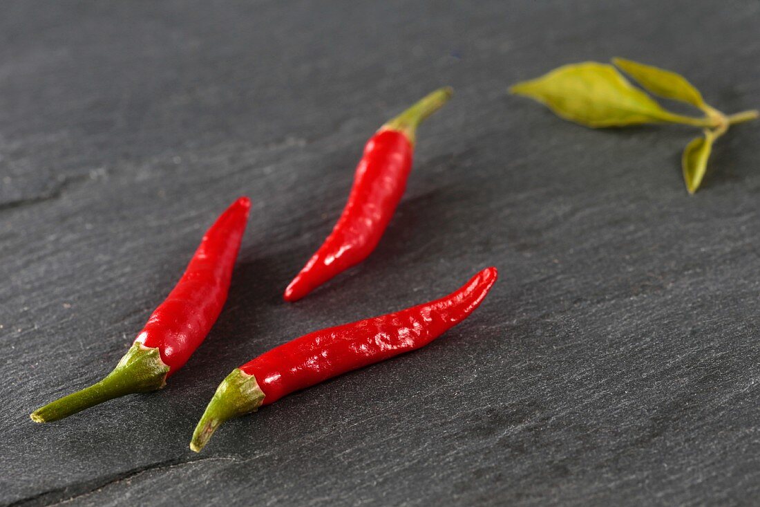 Three fresh red chilli peppers on a stone slab