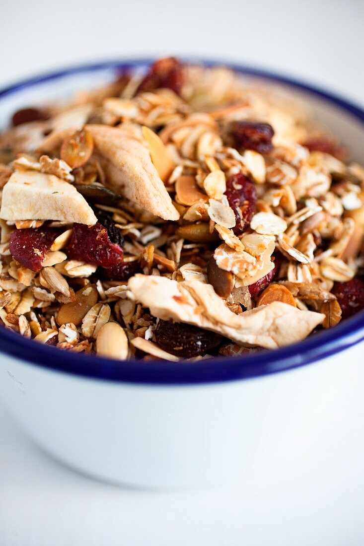 Müsli aus Haferflocken, Trockenfrüchten, Kokos und Sonnenblumenkernen