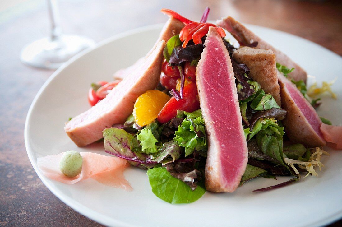 Seared Tuna Salad on a White Plate