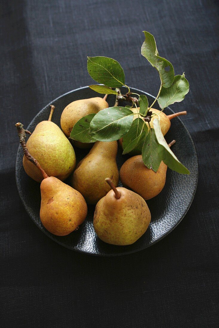 Pears with leaves in a bowl