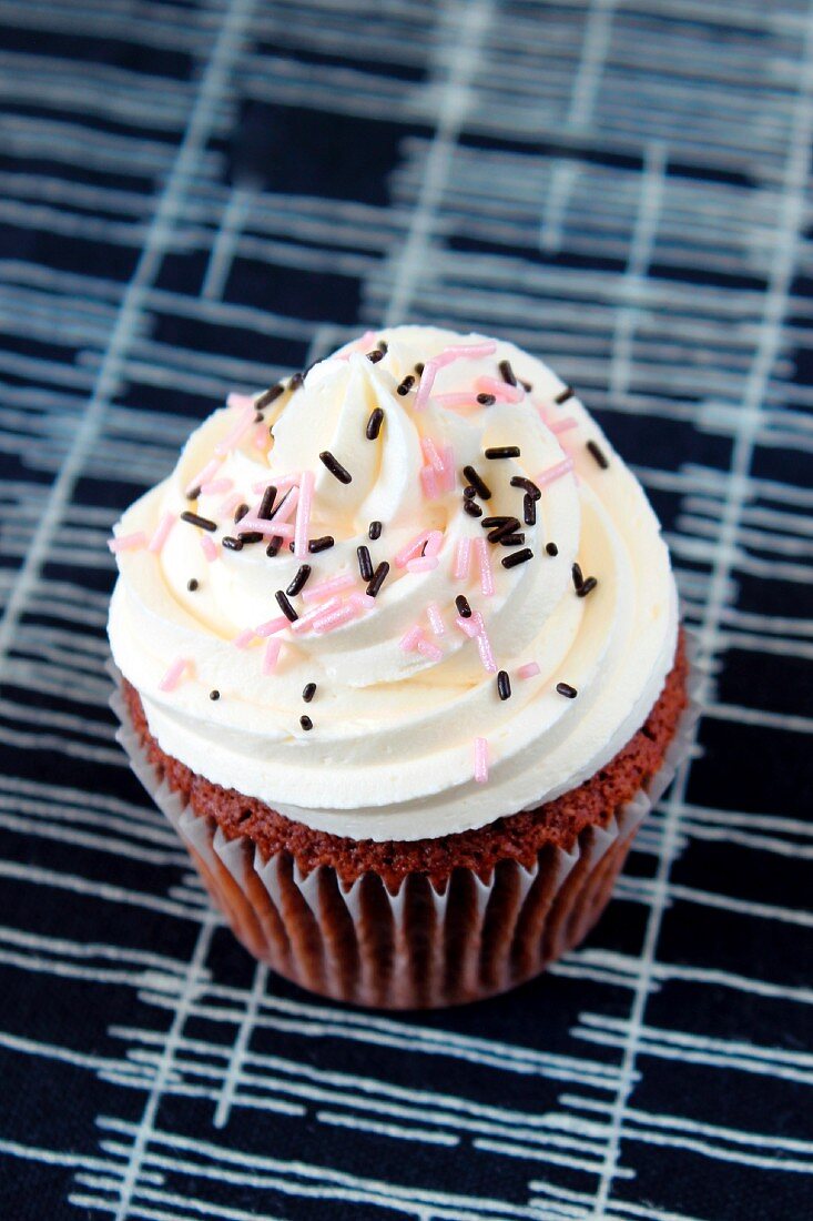 A chocolate cupcake with decorative sprinkles