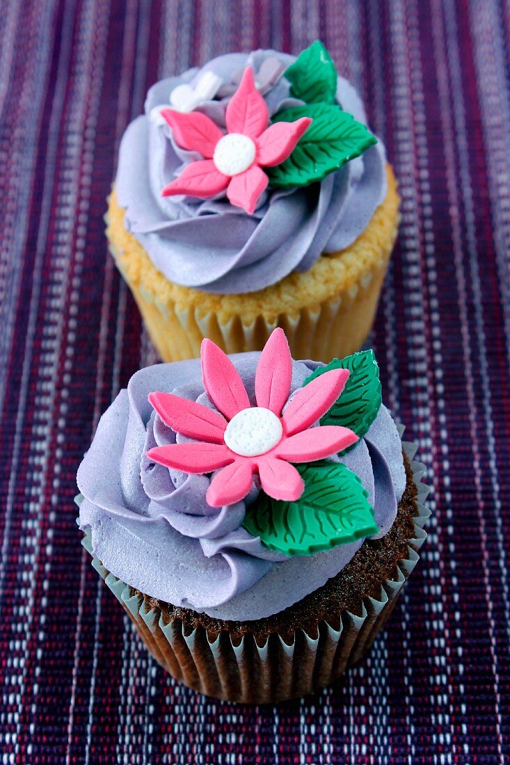 A chocolate cupcake and a lemon cupcake topped with purple icing