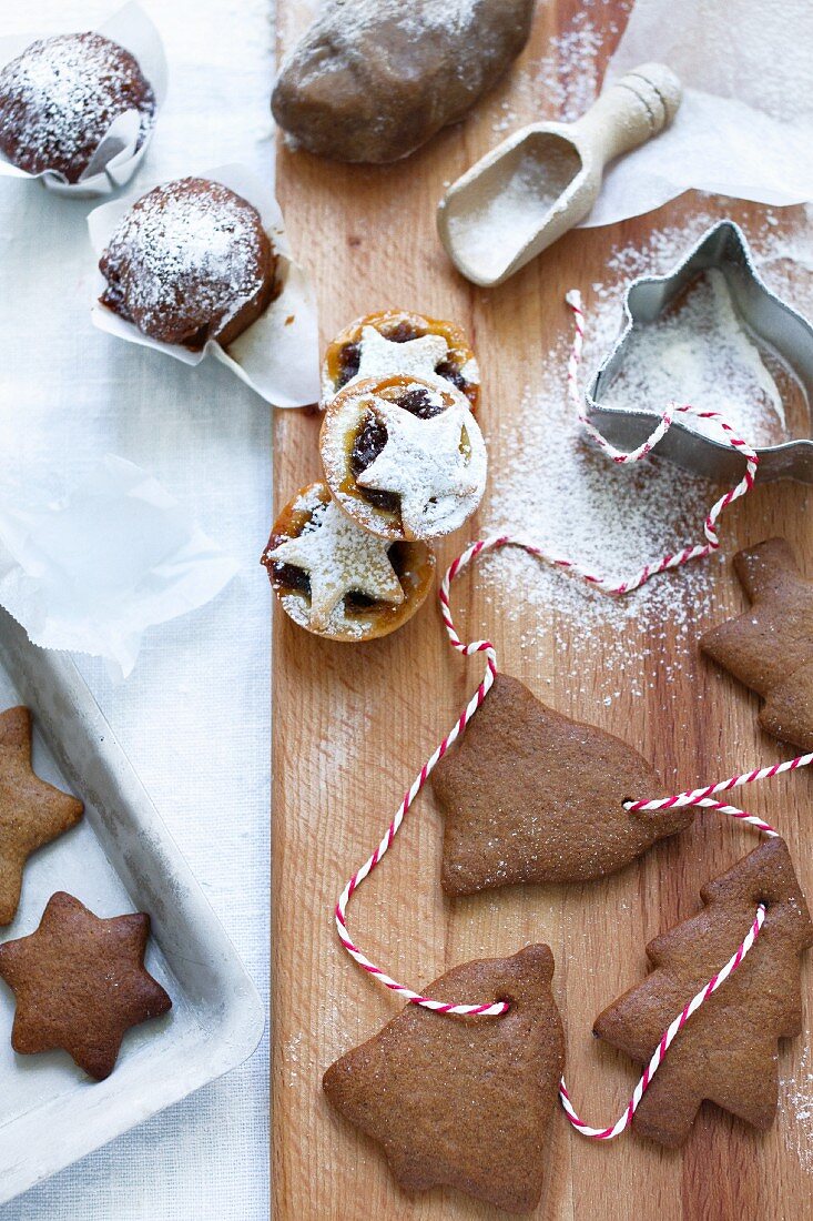 Nut and date muffins, mince pies and gingerbread shapes