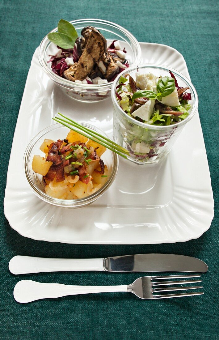 A salad of red endive with goat's cheese, a potato salad with smoked bacon and a mixed salad with buffalo mozzarella