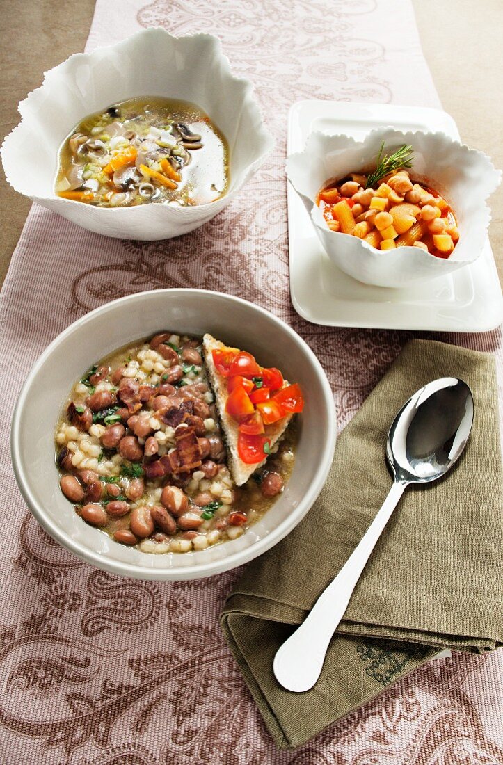 Borlotti bean and pearl barley soup, chickpea soup with pasta, and mushroom soup with spring onions