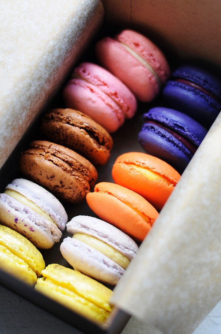 Assorted Colorful Macaroons in a Paper Lined Box