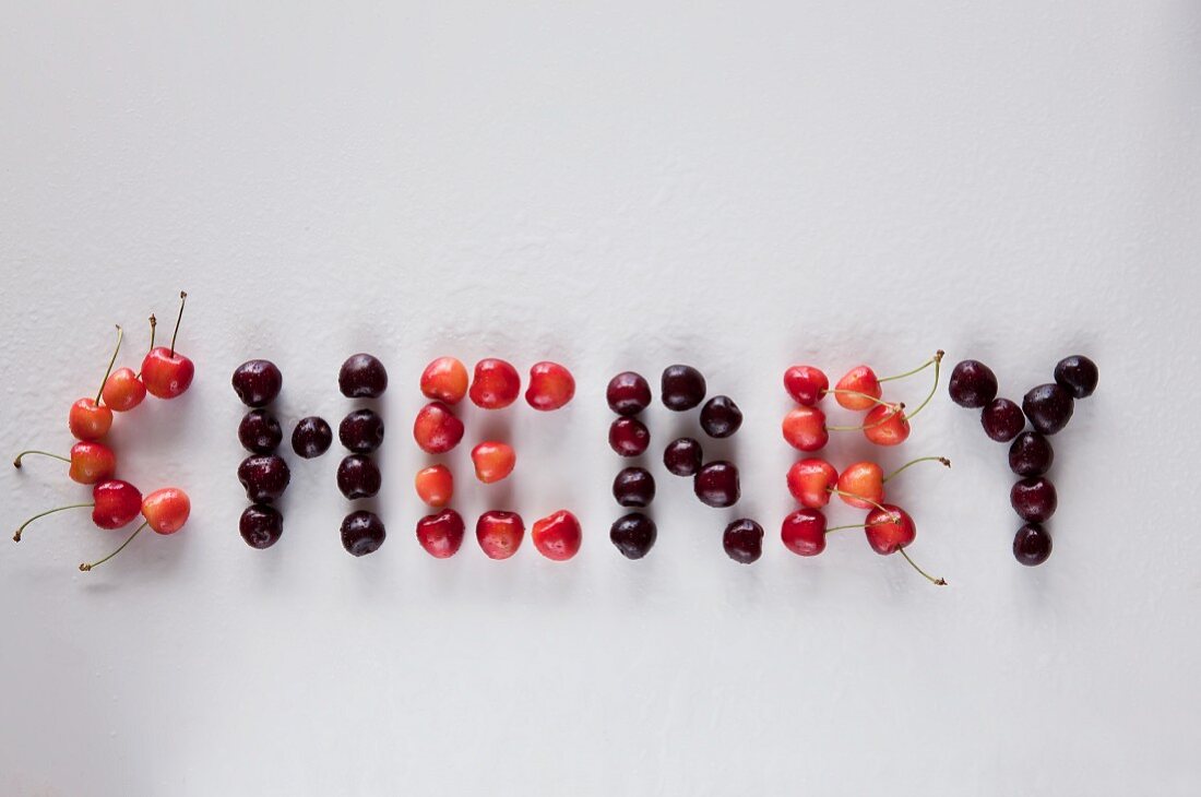 The word 'cherry' written in cherries