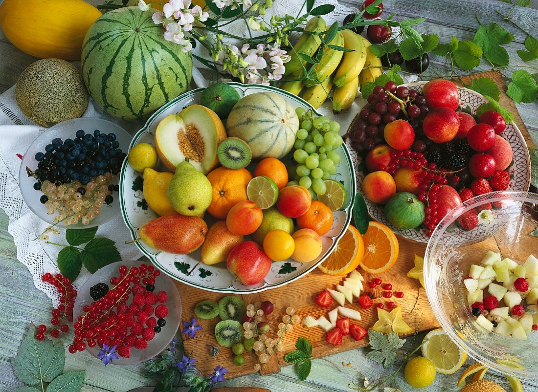 Assorted ingredients for a fruit salad