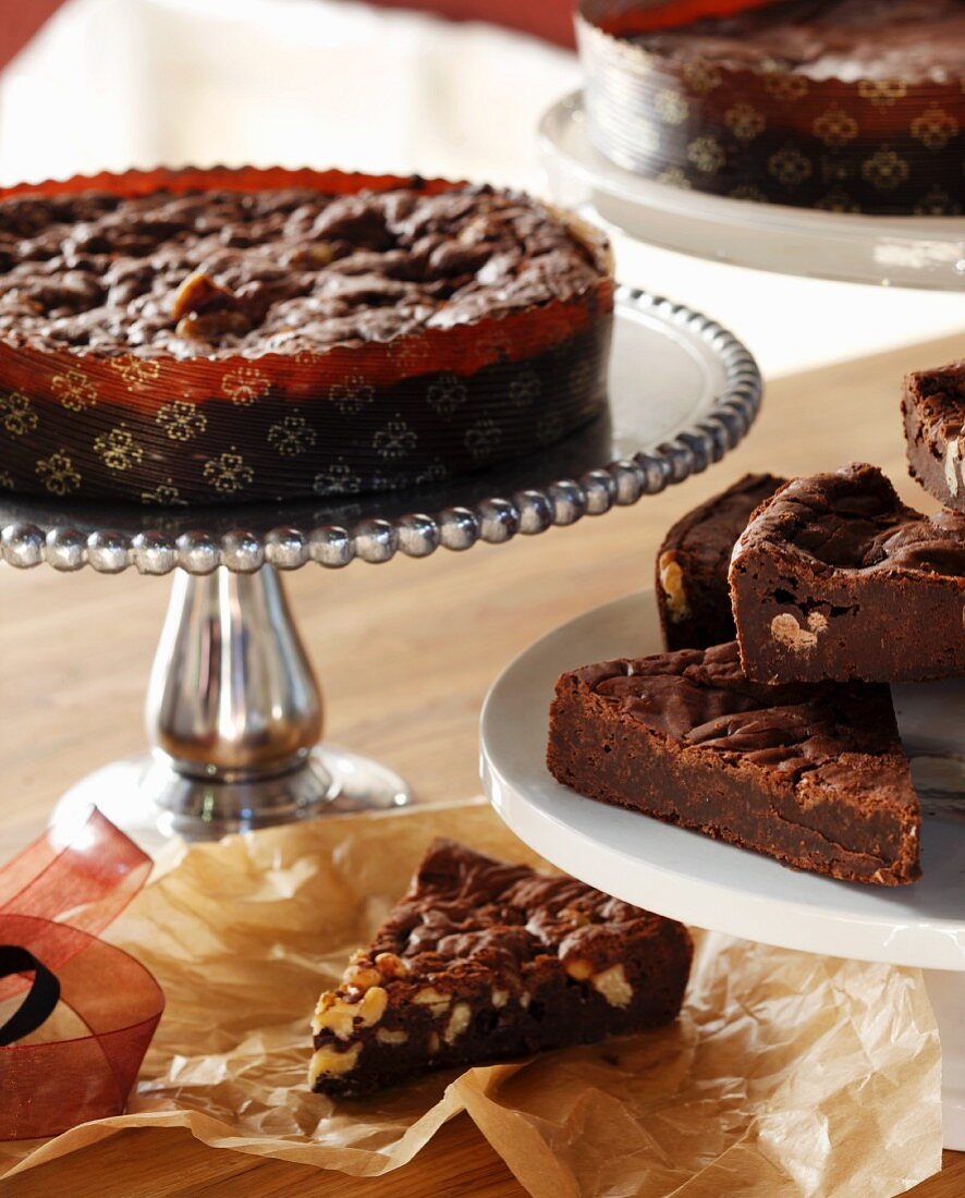 Assorted Brownies on Pedestal Dishes; Walnut Brownie on a Piece of Paper