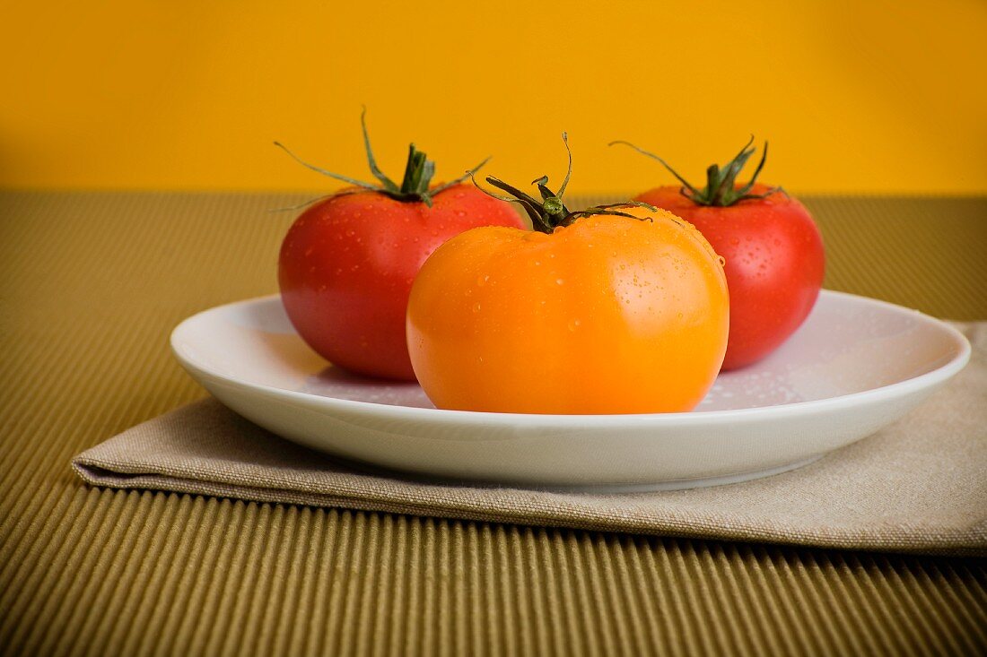 Gelbe und rote Tomaten auf einem weissen Teller