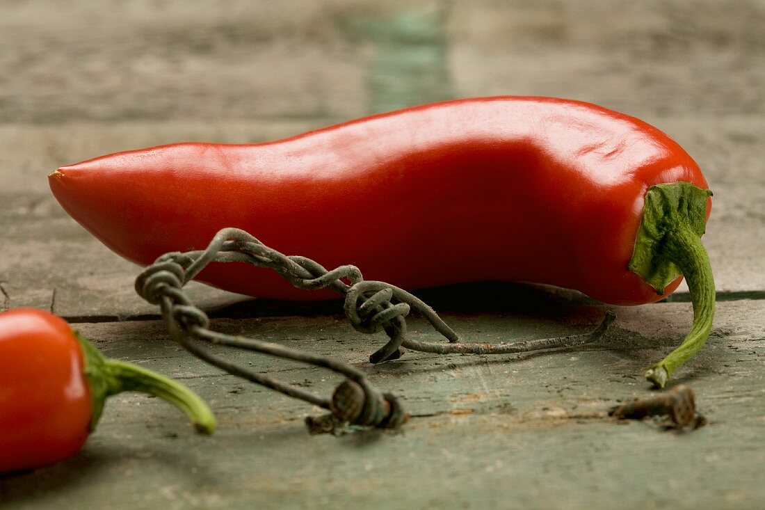 A red chilli pepper on a rustic wooden table