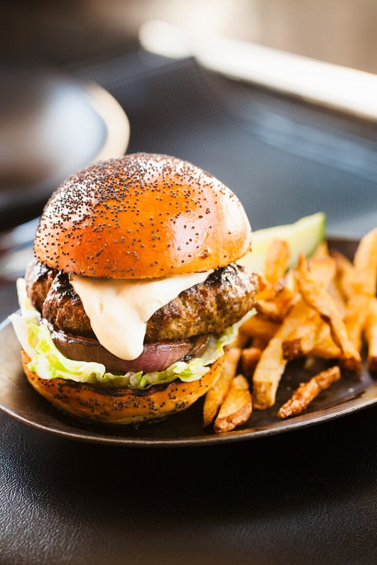 Hamburger mit Mayonnaise, Salat und Zwiebel, Pommes frites