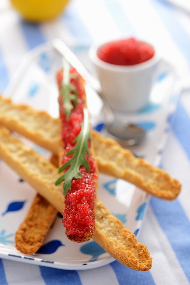 Crostini with lumpfish roe and rocket