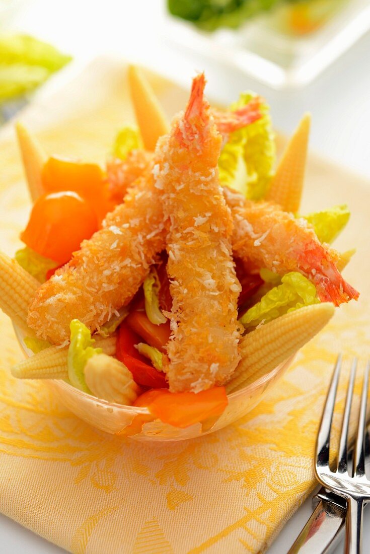 Vegetable salad with tempura prawns