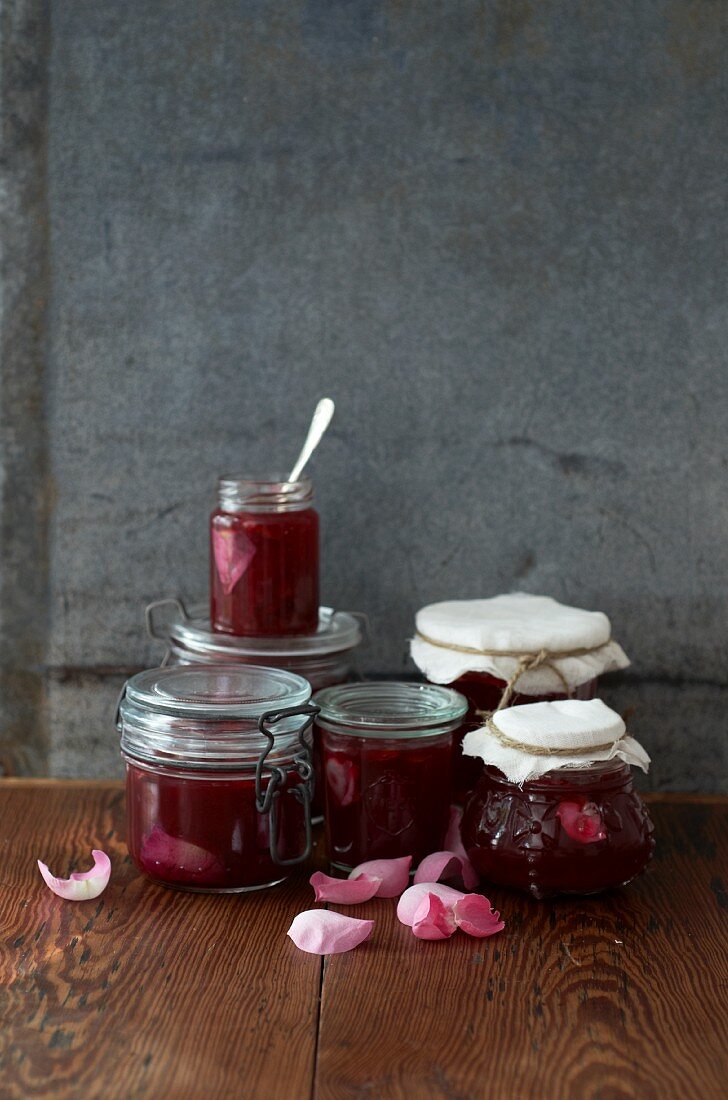 Several preserving jars of rose jam