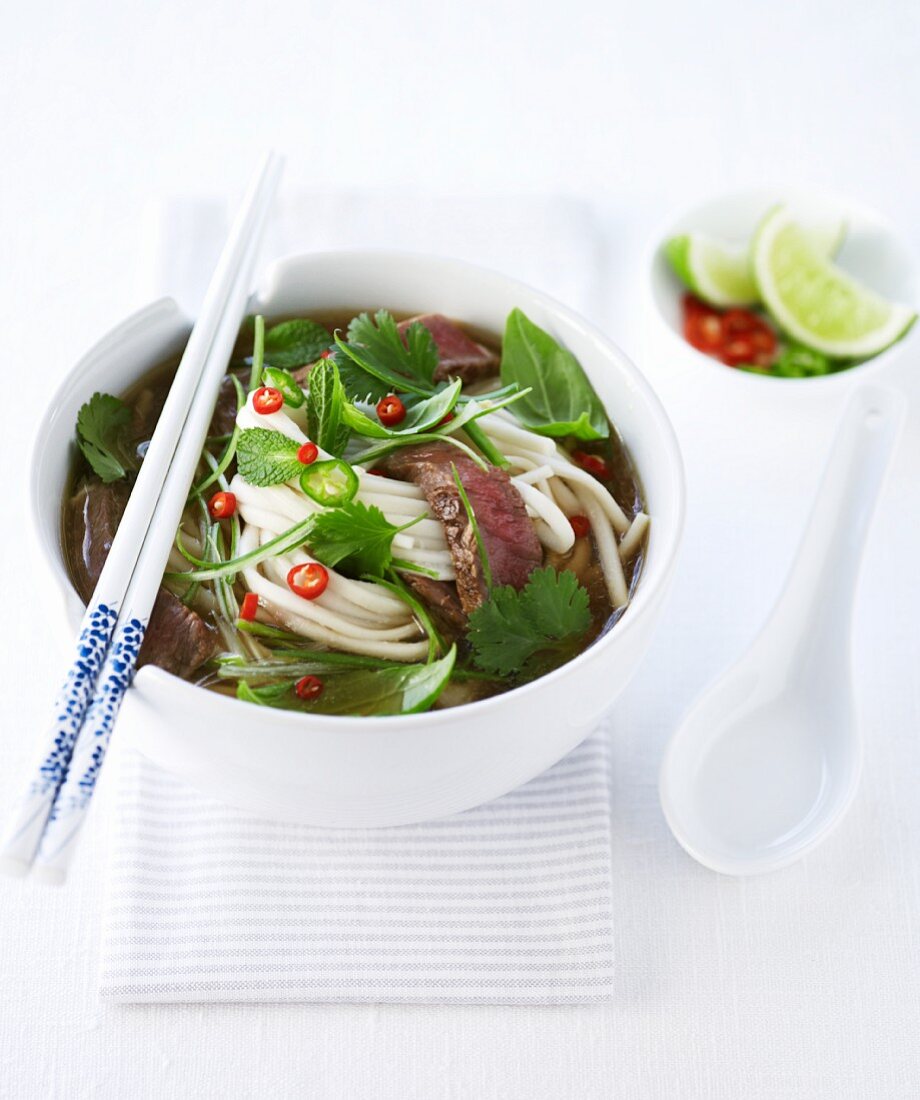 Rice noodle soup with beef and chillies (Asia)