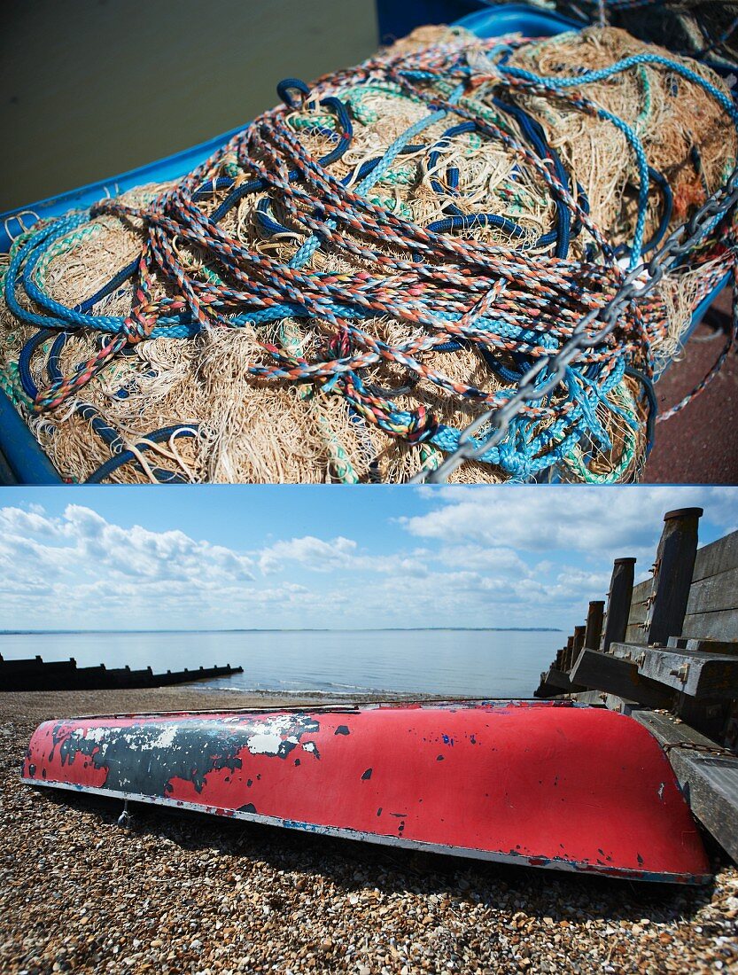 A dual image: fishing nets and rope; an upturned boat on the beach